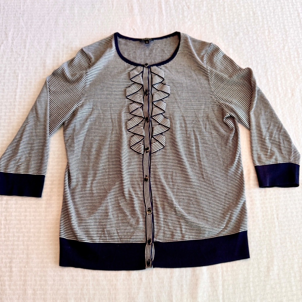 Talbots Womens Med Navy White Striped Ruffle Front 3/4 Sleeve Cardigan Sweater